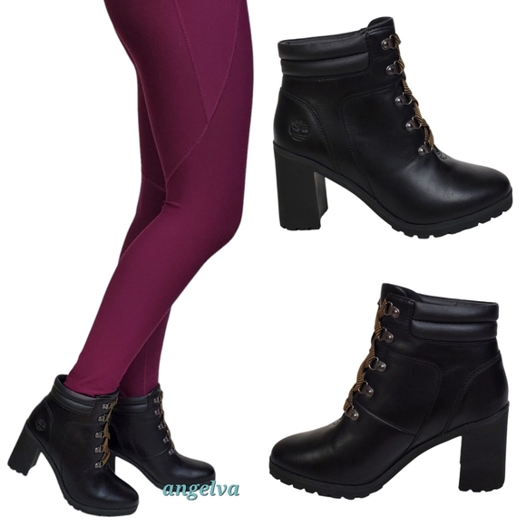 New Timberland allington 5 in leather block heel lace up boots black casual - Picture 4 of 16